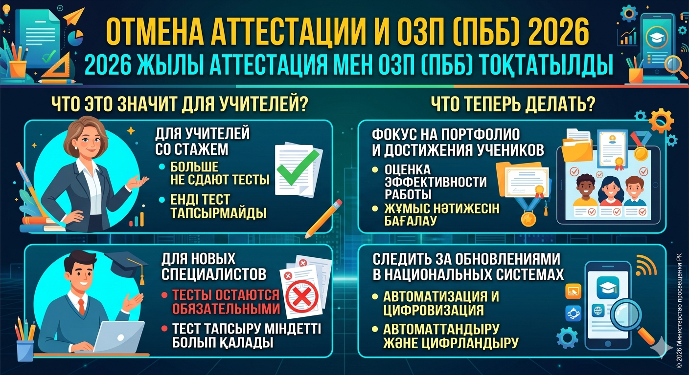 Отмена аттестации и ОЗП (ПББ) 2026: Главные изменения для учителей РК